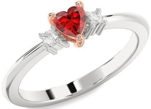 Diamond Ruby Silver & 10K Rose Gold Heart Three Stone Engagement Ring