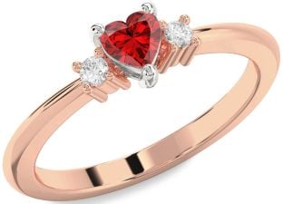 Diamond Ruby White Rose Gold Heart Three Stone Engagement Ring