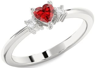 Diamond Ruby Platinum Heart Three Stone Engagement Ring