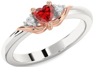 Diamond Ruby Silver & 10K Rose Gold Heart Three Stone Engagement Ring