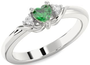 Diamond Emerald Silver Heart Three Stone Engagement Ring