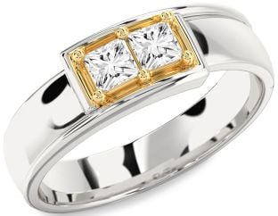 Men's Diamond Gold Silver Princess Two Stone Band Ring
