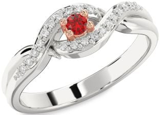 Diamond Ruby Platinum & Rose Gold Knot Round Pave Promise Ring