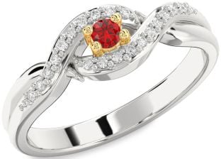Diamond Ruby Platinum & Yellow Gold Knot Round Pave Promise Ring