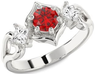 Diamond Ruby Platinum Round Three Stone Engagement Ring
