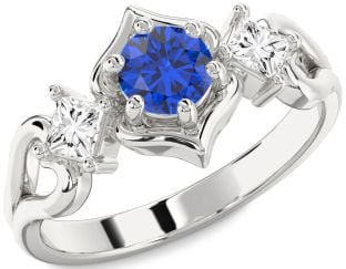 Diamond Blue Sapphire Silver Round Three Stone Engagement Ring