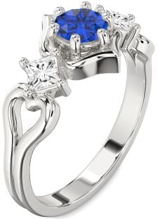 Diamond Blue Sapphire Silver Round Three Stone Engagement Ring