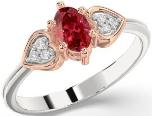 Diamond Ruby Silver & 10K Rose Gold Heart Engagement Ring