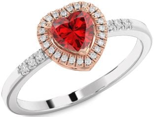 Diamond Ruby Silver & 10K Rose Gold Heart Halo Engagement Ring