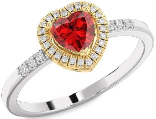 Diamond Ruby Silver & 10K gold Heart Halo Engagement Ring