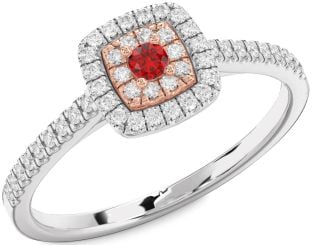 Diamond Ruby Platinum & Rose Gold Halo Round Pave Promise Ring