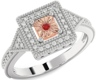 Diamond Ruby Platinum & Rose Gold Halo Round Promise Ring