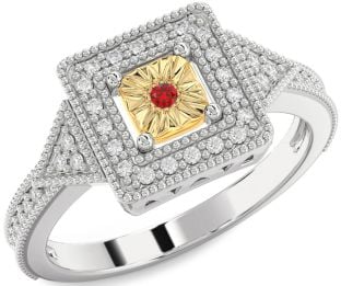 Diamond Ruby Platinum & Yellow Gold Halo Round Promise Ring