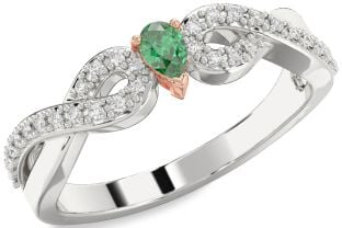 Diamond Emerald Platinum & Rose Gold Infinity Pear Promise Ring