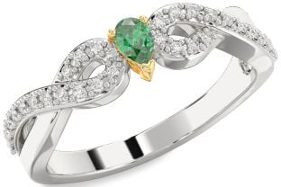 Diamond Emerald Platinum & Yellow Gold Infinity Pear Promise Ring