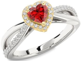 Diamond Ruby Silver & 10K gold Heart Halo Engagement Ring