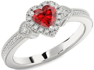 Diamond Ruby Platinum Heart Halo Engagement Ring