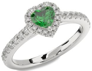 Diamond Emerald Platinum Heart Halo Pave Engagement Ring