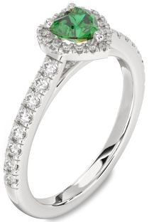 Diamond Emerald Platinum Heart Halo Pave Engagement Ring