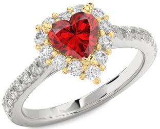 Diamond Ruby Platinum & Yellow Gold Heart Halo Pave Engagement Ring