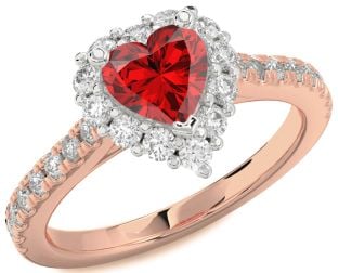 Diamond Ruby White Rose Gold Heart Halo Pave Engagement Ring