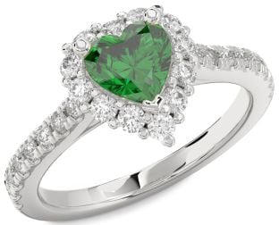 Diamond Emerald Platinum Heart Halo Pave Engagement Ring