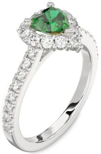 Diamond Emerald Platinum Heart Halo Pave Engagement Ring