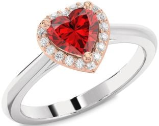 Diamond Ruby Silver & 10K Rose Gold Heart Halo Engagement Ring