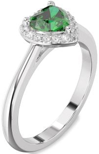 Diamond Emerald Platinum Heart Halo Engagement Ring
