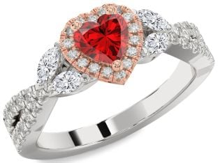 Diamond Ruby Platinum & Rose Gold Heart Halo Engagement Ring