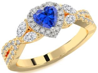 Diamond Blue Sapphire Gold Silver Heart Halo Engagement Ring