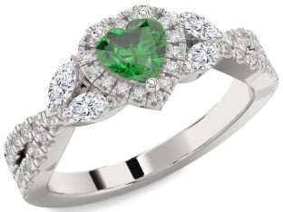 Diamond Emerald Platinum Heart Halo Engagement Ring