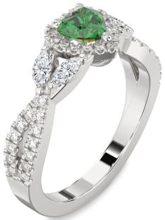 Diamond Emerald Platinum Heart Halo Engagement Ring