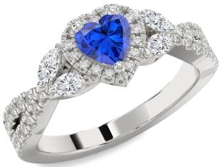 Diamond Blue Sapphire Silver Heart Halo Engagement Ring