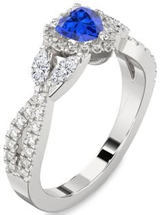 Diamond Blue Sapphire Silver Heart Halo Engagement Ring
