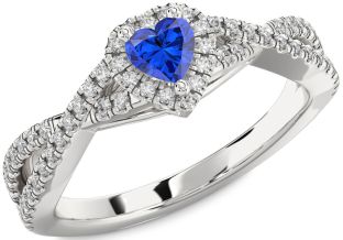 Diamond Blue Sapphire Platinum Heart Pave Promise Ring