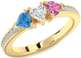 Diamond Gold Silver Heart Three Stone Pave Mother's Ring