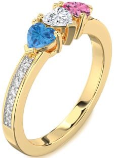 Diamond Gold Silver Heart Three Stone Pave Mother's Ring