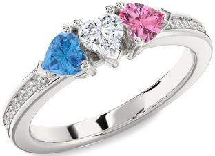 Diamond White Gold Heart Three Stone Pave Mother's Ring