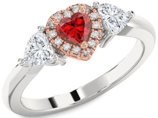Diamond Ruby Platinum & Rose Gold Heart Three Stone Engagement Ring