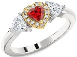 Diamond Ruby Platinum & Yellow Gold Heart Three Stone Engagement Ring