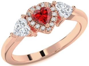 Diamond Ruby Rose Gold Heart Three Stone Engagement Ring