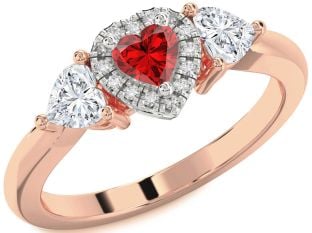 Diamond Ruby Platinum & Rose Gold Heart Three Stone Engagement Ring
