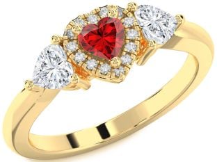 Diamond Ruby Gold Heart Three Stone Engagement Ring
