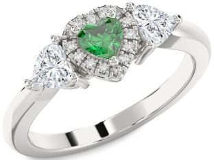 Diamond Emerald Platinum Heart Three Stone Engagement Ring