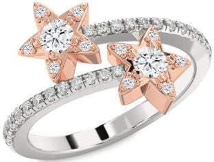 Diamond Platinum & Rose Gold Star Round Two Stone Pave Ring