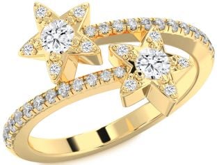 Diamond Gold Star Round Two Stone Pave Ring