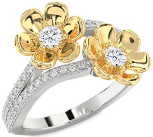 Diamond Platinum & Yellow Gold Flower Round Two Stone Ring