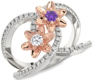 Diamond Platinum & Rose Gold Flower Round Two Stone Pave Promise Ring