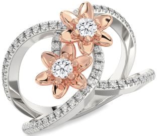 Diamond Platinum & Rose Gold Flower Round Two Stone Pave Ring